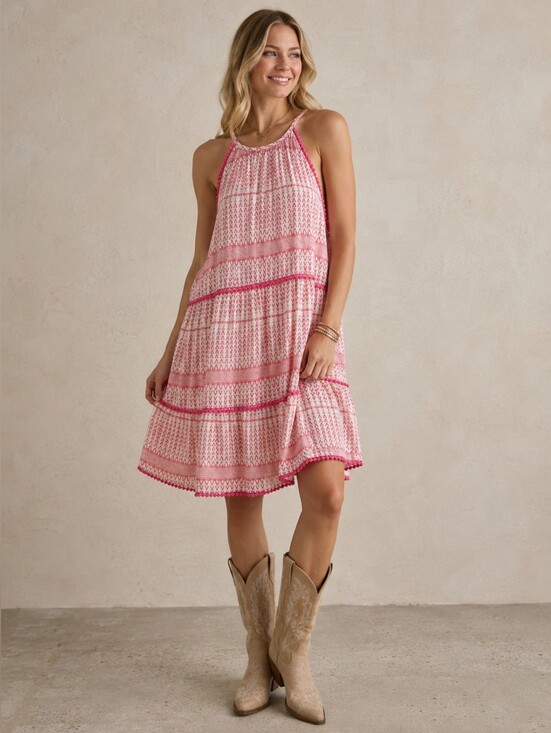 The Impeccable Pig Dresses & Skirts - The Impeccable Pig Pink Boho Tiered Halter Swing Dress Medium